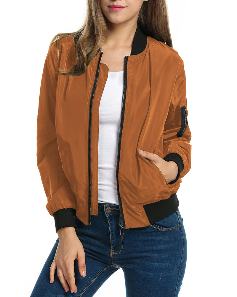 Women Classic Solid Biker Jacket Zip Up Bomber Jacket - Zeagoo (Us Only)