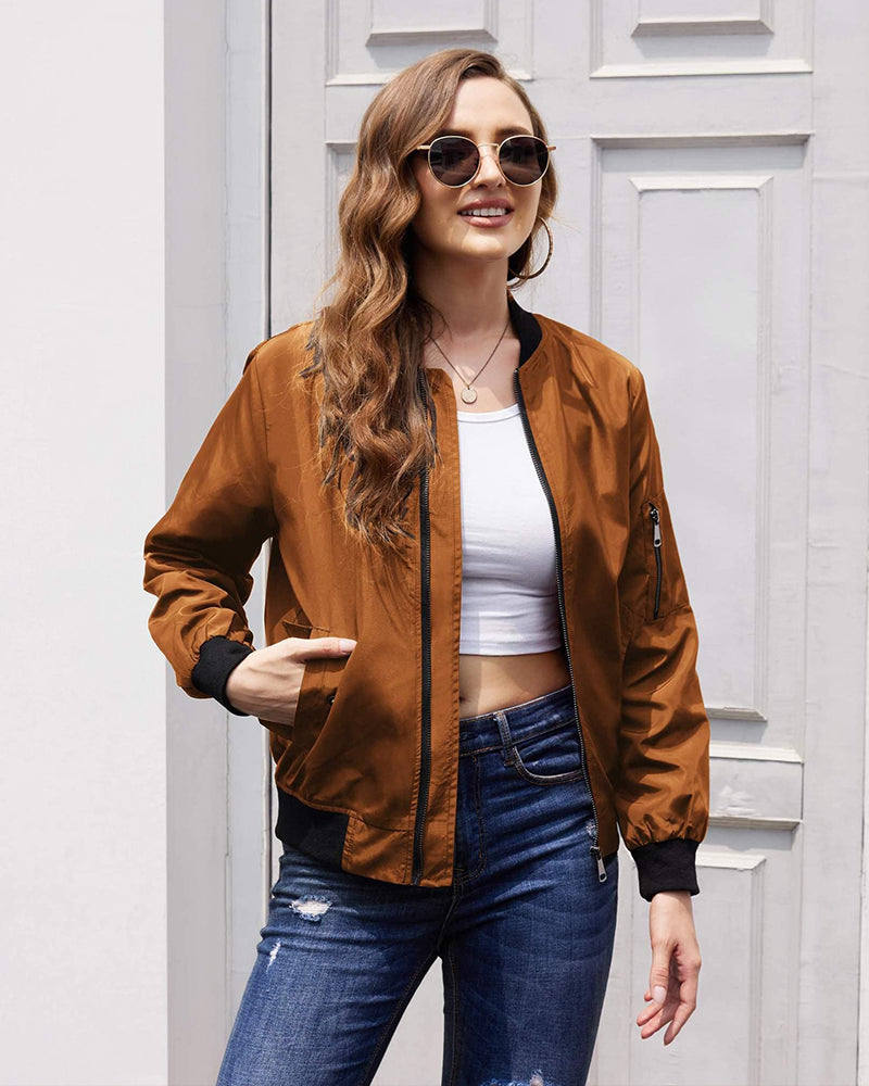 Women Classic Solid Biker Jacket Zip Up Bomber Jacket - Zeagoo (Us Only)