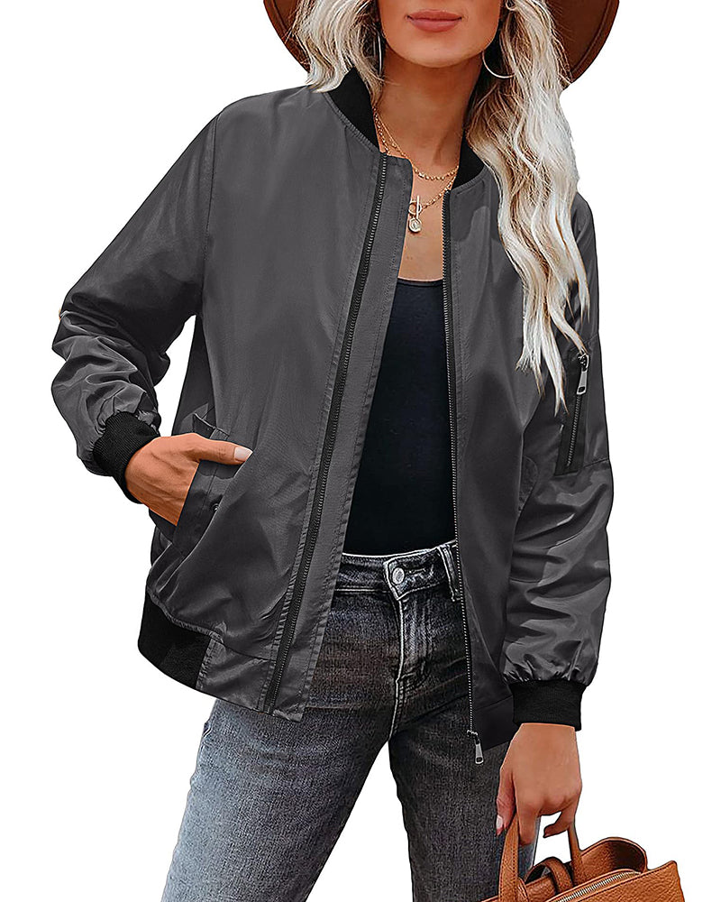 Women Classic Solid Biker Jacket Zip Up Bomber Jacket - Zeagoo (Us Only)