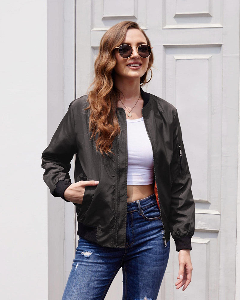 Women Classic Solid Biker Jacket Zip Up Bomber Jacket - Zeagoo (Us Only)
