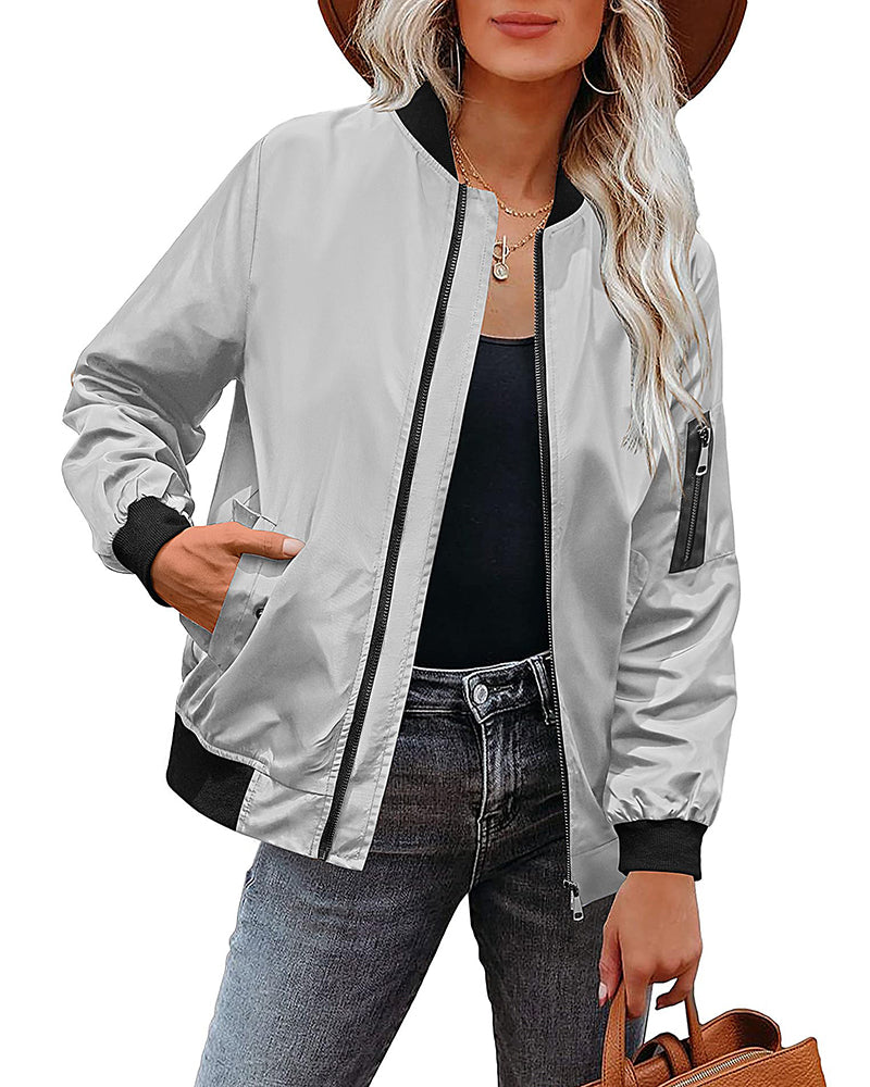 Women Classic Solid Biker Jacket Zip Up Bomber Jacket - Zeagoo (Us Only)