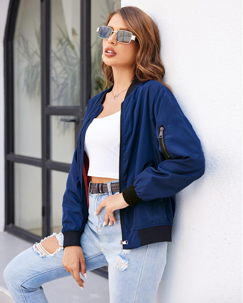 Women Classic Solid Biker Jacket Zip Up Bomber Jacket - Zeagoo (Us Only)
