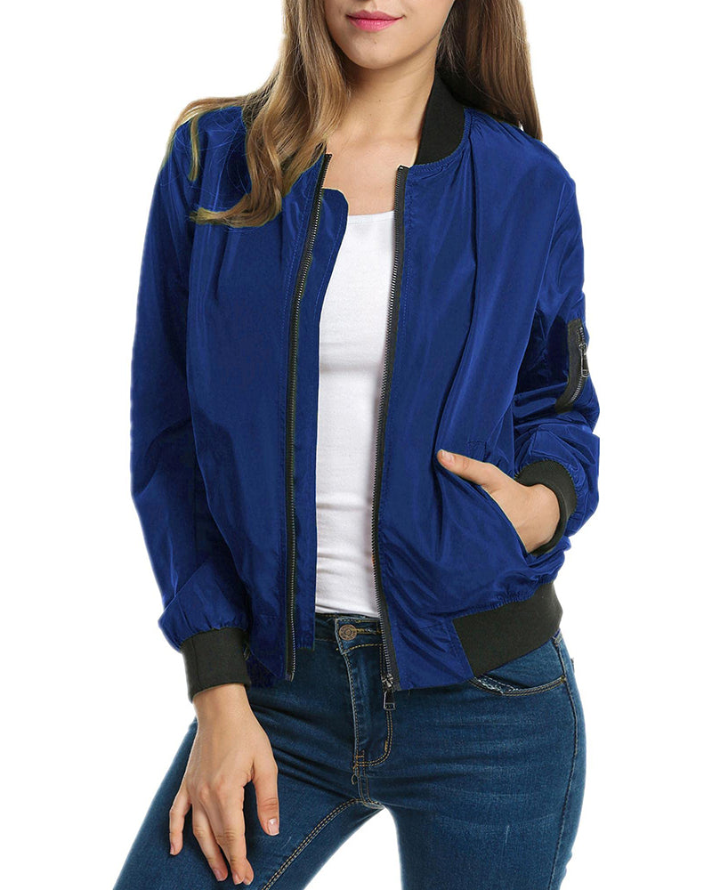 Women Classic Solid Biker Jacket Zip Up Bomber Jacket - Zeagoo (Us Only)