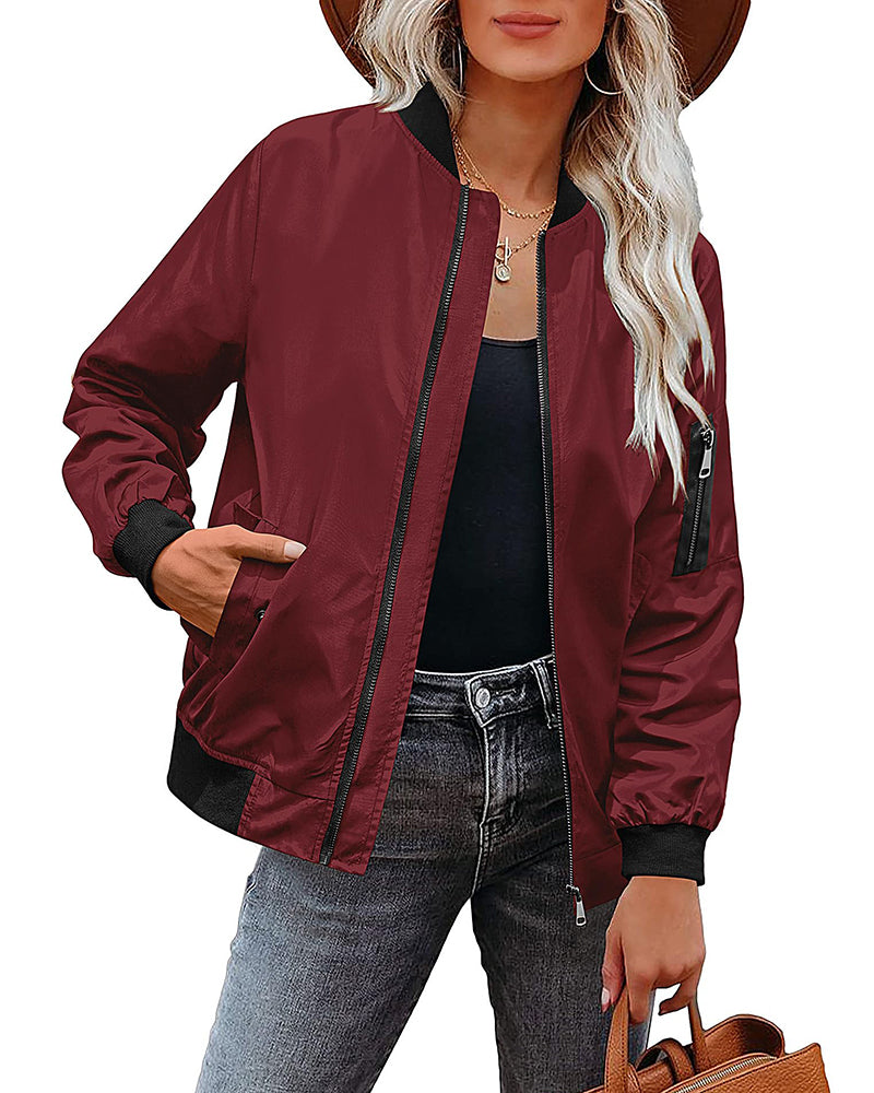 Women Classic Solid Biker Jacket Zip Up Bomber Jacket - Zeagoo (Us Only)