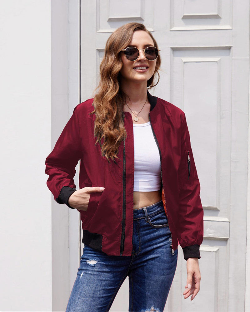 Women Classic Solid Biker Jacket Zip Up Bomber Jacket - Zeagoo (Us Only)