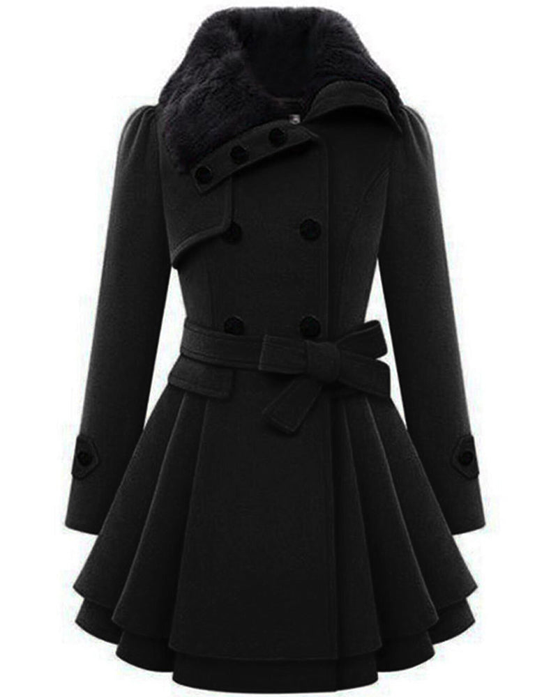 Women's Fashion Faux Fur Lapel Double-Breasted Thick Wool Trench Coat Jacket - Zeagoo (Us Only)