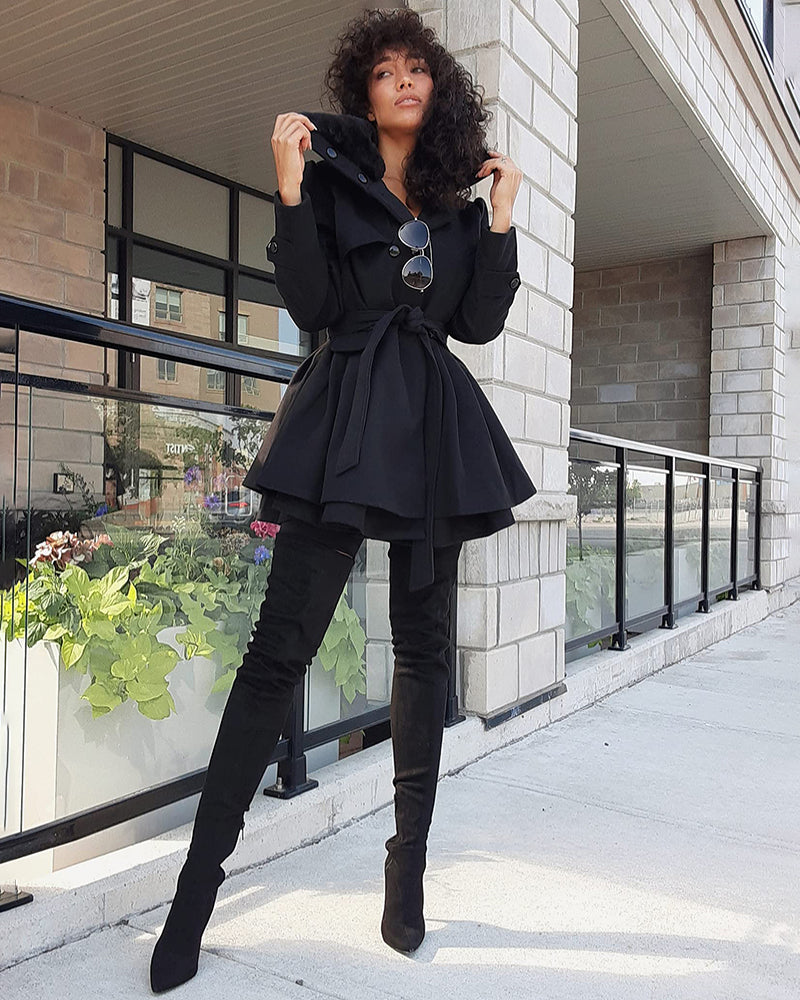 Women's Fashion Faux Fur Lapel Double-Breasted Thick Wool Trench Coat Jacket - Zeagoo (Us Only)