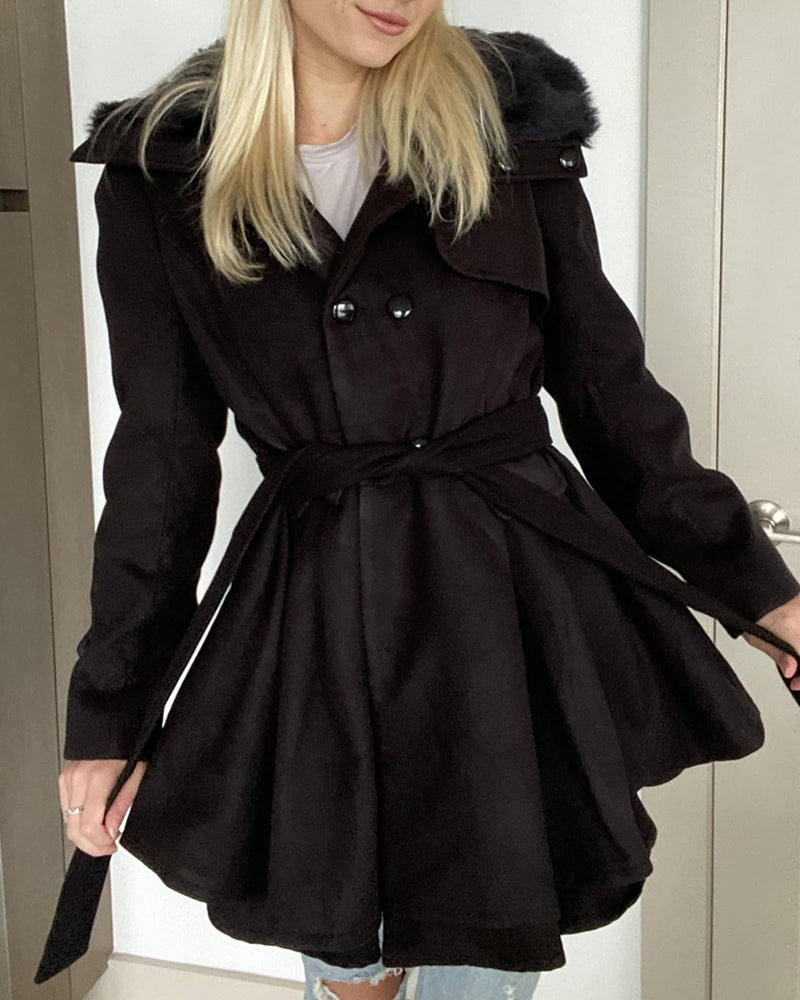 Women's Fashion Faux Fur Lapel Double-Breasted Thick Wool Trench Coat Jacket - Zeagoo (Us Only)