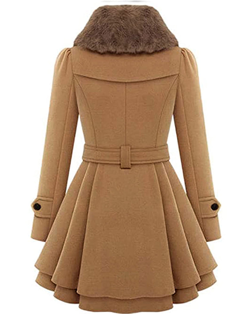 Women's Fashion Faux Fur Lapel Double-Breasted Thick Wool Trench Coat Jacket - Zeagoo (Us Only)