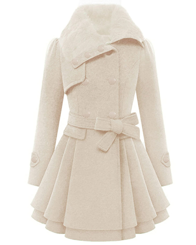 Women's Fashion Faux Fur Lapel Double-Breasted Thick Wool Trench Coat Jacket - Zeagoo (Us Only)