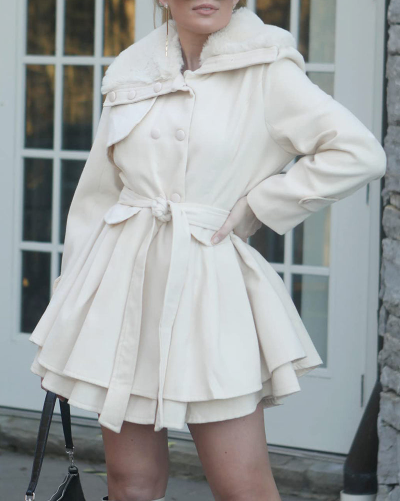 Women's Fashion Faux Fur Lapel Double-Breasted Thick Wool Trench Coat Jacket - Zeagoo (Us Only)