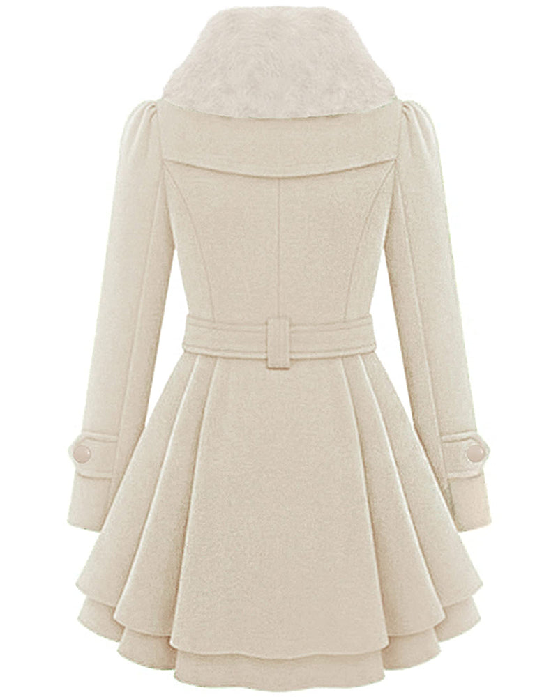 Women's Fashion Faux Fur Lapel Double-Breasted Thick Wool Trench Coat Jacket - Zeagoo (Us Only)