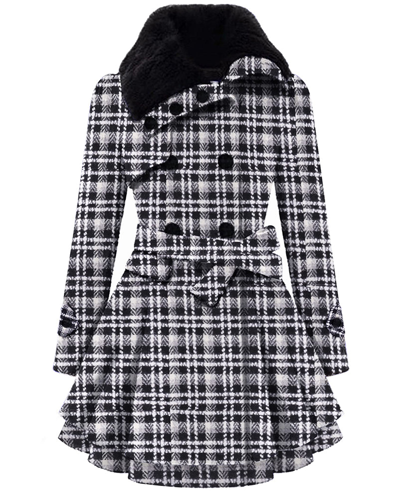 Women's Fashion Faux Fur Lapel Double-Breasted Thick Wool Trench Coat Jacket - Zeagoo (Us Only)