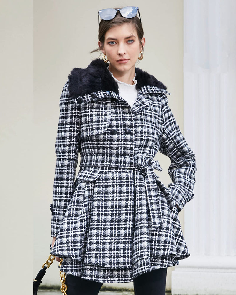 Women's Fashion Faux Fur Lapel Double-Breasted Thick Wool Trench Coat Jacket - Zeagoo (Us Only)