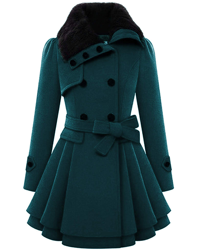 Women's Fashion Faux Fur Lapel Double-Breasted Thick Wool Trench Coat Jacket - Zeagoo (Us Only)