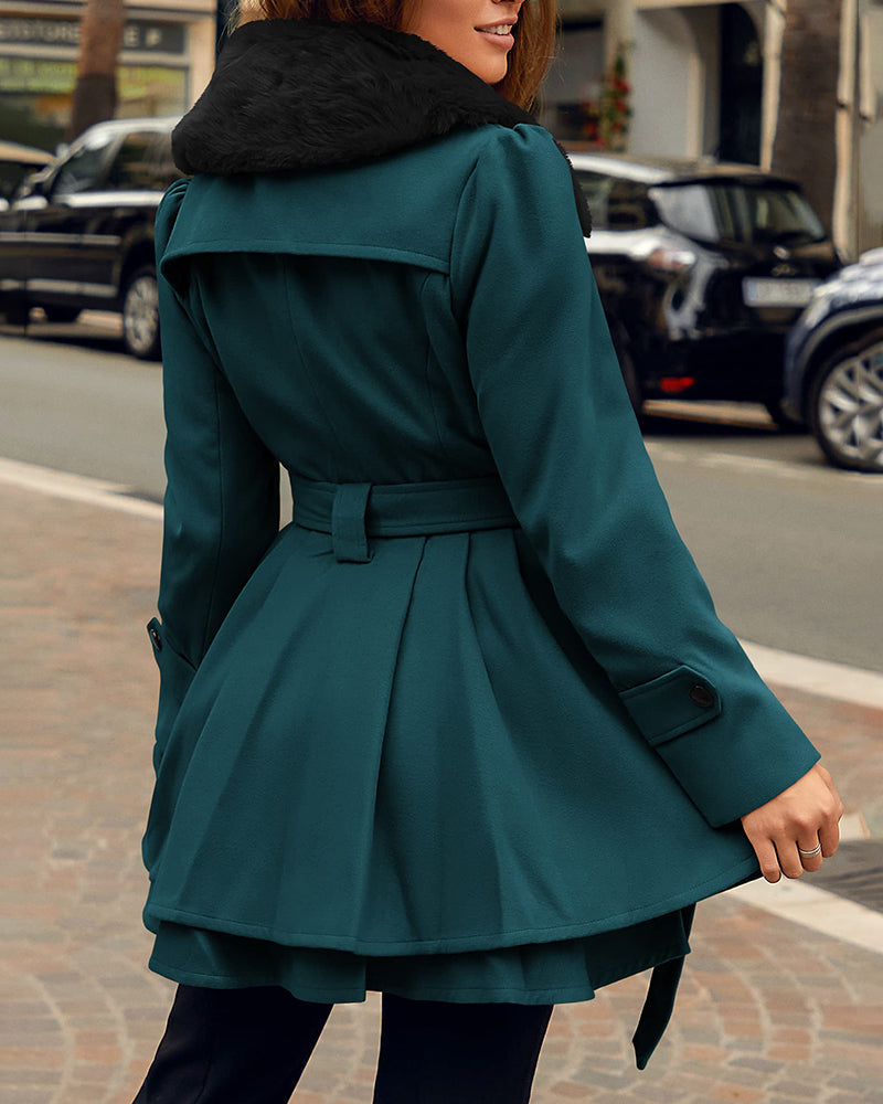 Women's Fashion Faux Fur Lapel Double-Breasted Thick Wool Trench Coat Jacket - Zeagoo (Us Only)