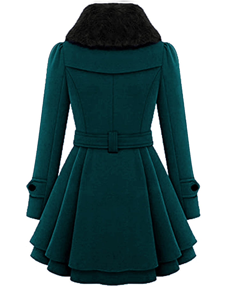 Women's Fashion Faux Fur Lapel Double-Breasted Thick Wool Trench Coat Jacket - Zeagoo (Us Only)
