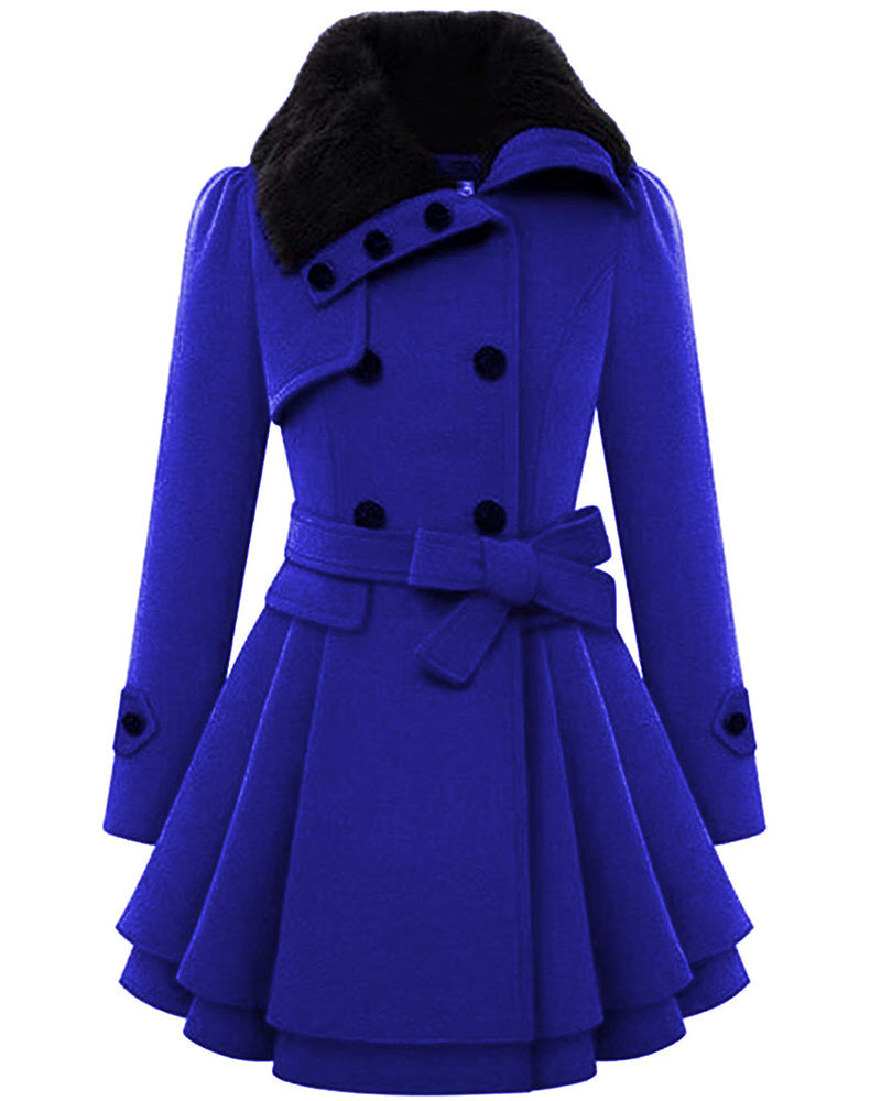 Women's Fashion Faux Fur Lapel Double-Breasted Thick Wool Trench Coat Jacket - Zeagoo (Us Only)