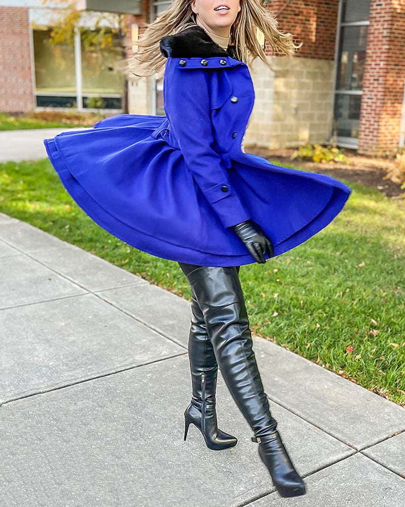 Women's Fashion Faux Fur Lapel Double-Breasted Thick Wool Trench Coat Jacket - Zeagoo (Us Only)