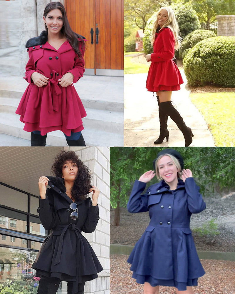 Women's Fashion Faux Fur Lapel Double-Breasted Thick Wool Trench Coat Jacket - Zeagoo (Us Only)