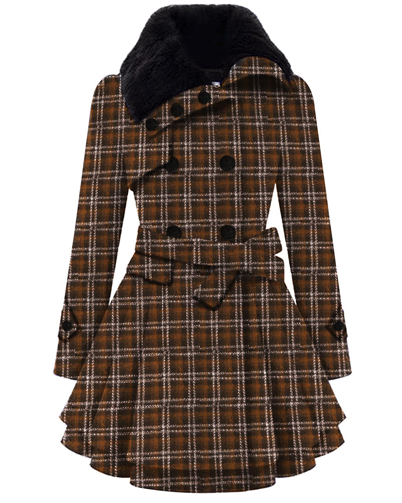 Women's Fashion Faux Fur Lapel Double-Breasted Thick Wool Trench Coat Jacket - Zeagoo (Us Only)