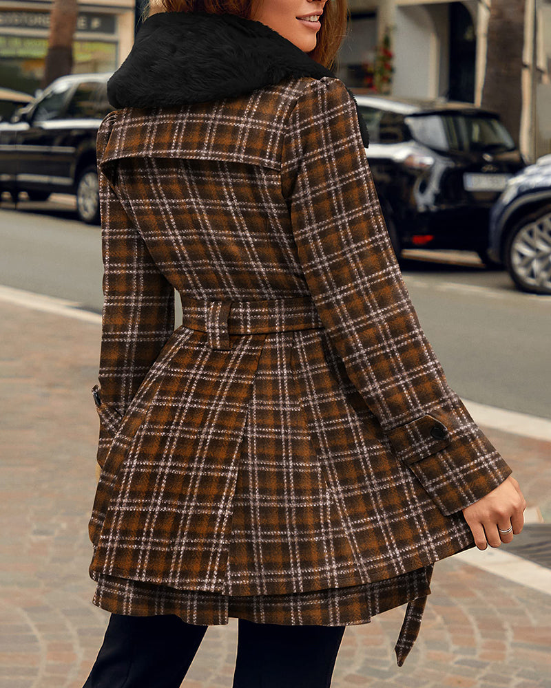 Women's Fashion Faux Fur Lapel Double-Breasted Thick Wool Trench Coat Jacket - Zeagoo (Us Only)