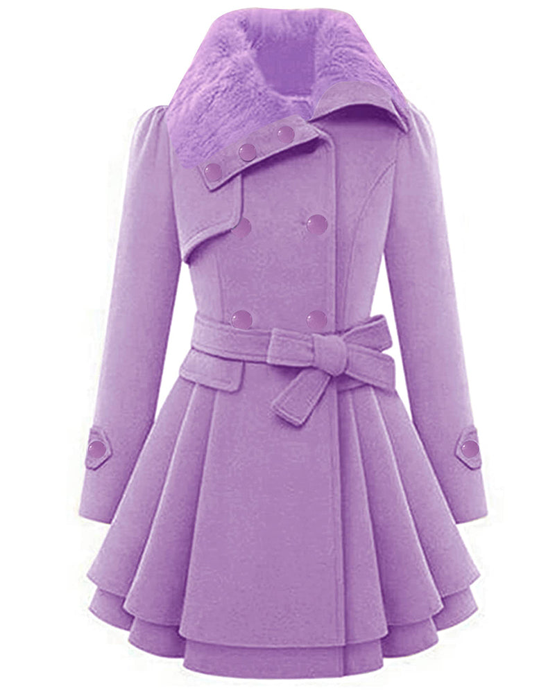 Women's Fashion Faux Fur Lapel Double-Breasted Thick Wool Trench Coat Jacket - Zeagoo (Us Only)