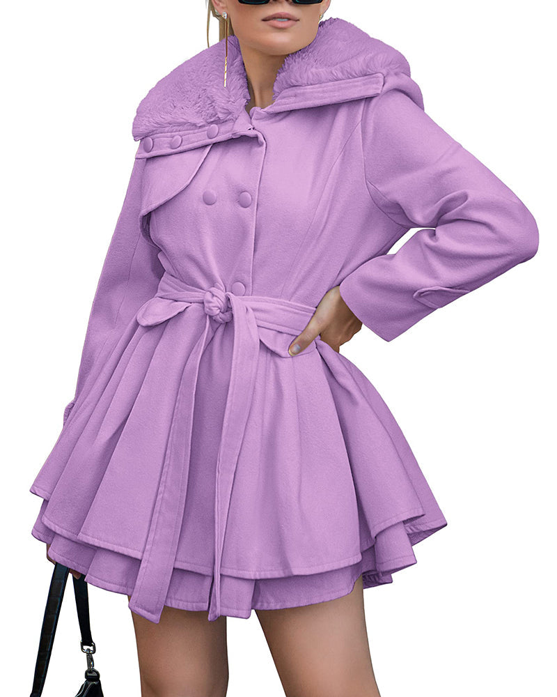 Women's Fashion Faux Fur Lapel Double-Breasted Thick Wool Trench Coat Jacket - Zeagoo (Us Only)