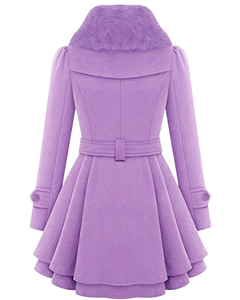 Women's Fashion Faux Fur Lapel Double-Breasted Thick Wool Trench Coat Jacket - Zeagoo (Us Only)
