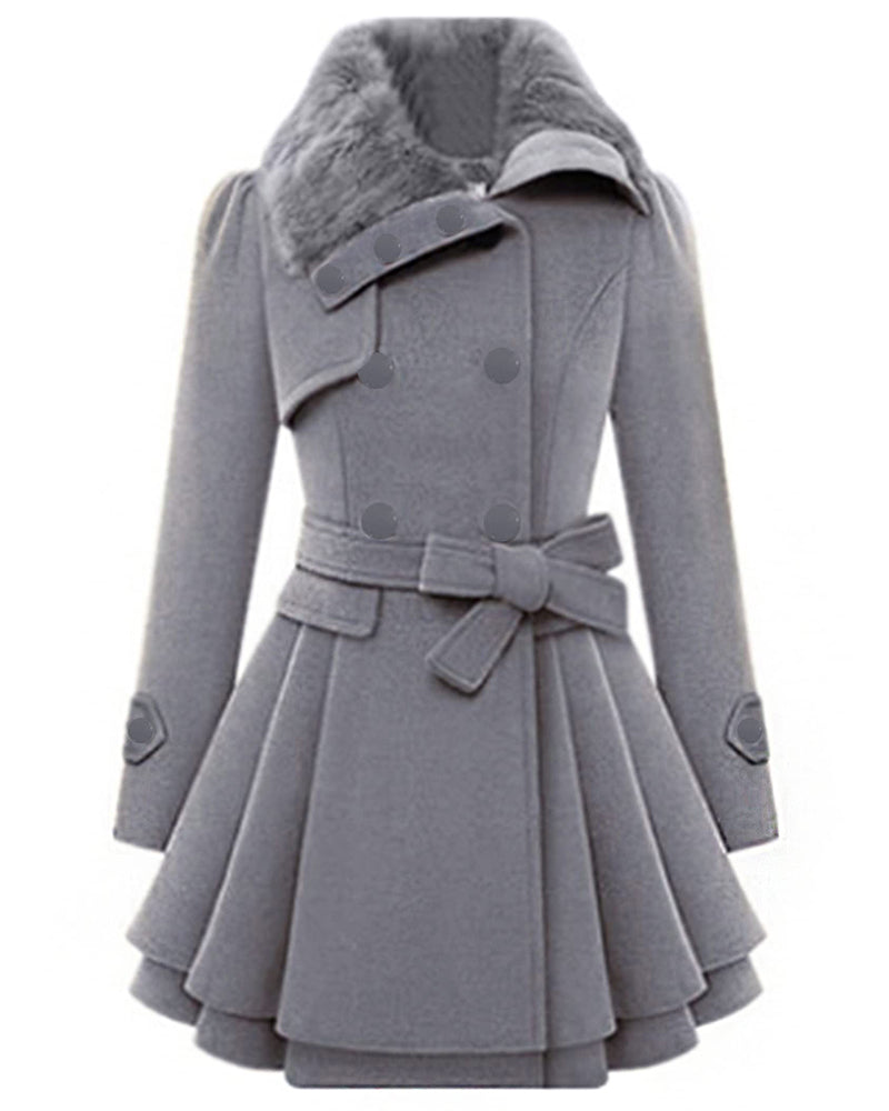 Women's Fashion Faux Fur Lapel Double-Breasted Thick Wool Trench Coat Jacket - Zeagoo (Us Only)