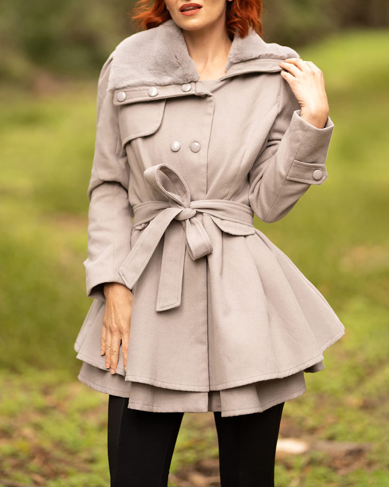 Women's Fashion Faux Fur Lapel Double-Breasted Thick Wool Trench Coat Jacket - Zeagoo (Us Only)