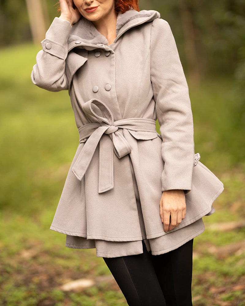 Women's Fashion Faux Fur Lapel Double-Breasted Thick Wool Trench Coat Jacket - Zeagoo (Us Only)