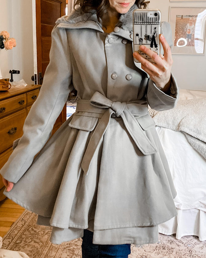 Women's Fashion Faux Fur Lapel Double-Breasted Thick Wool Trench Coat Jacket - Zeagoo (Us Only)