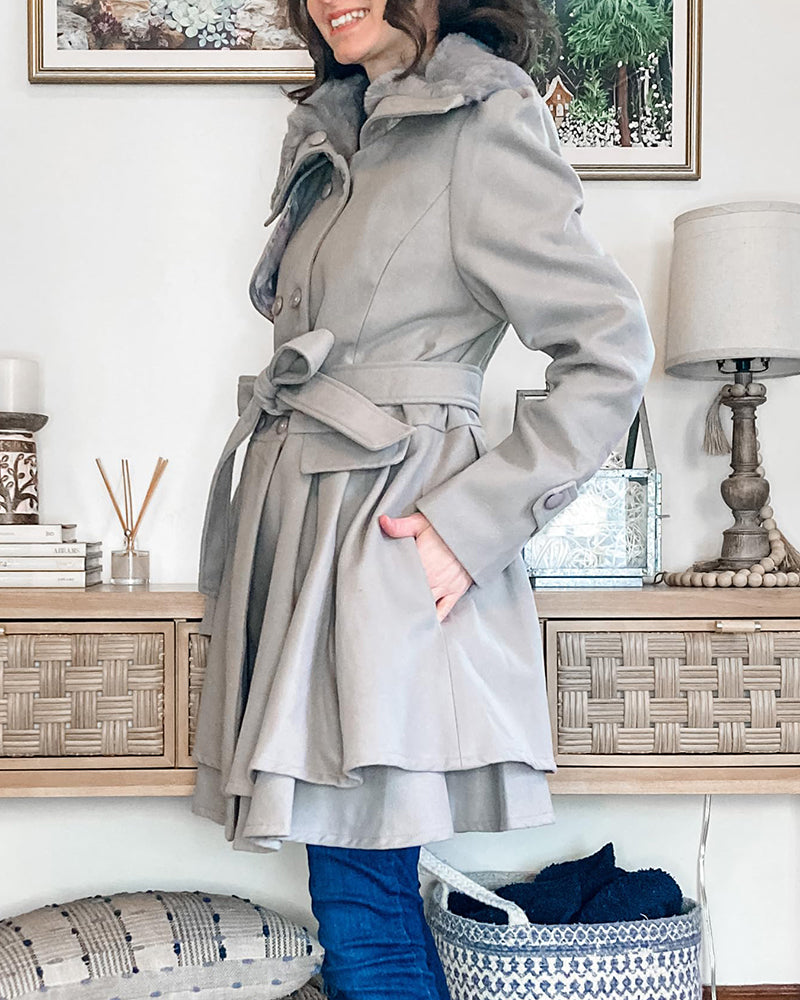 Women's Fashion Faux Fur Lapel Double-Breasted Thick Wool Trench Coat Jacket - Zeagoo (Us Only)