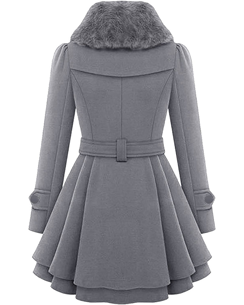 Women's Fashion Faux Fur Lapel Double-Breasted Thick Wool Trench Coat Jacket - Zeagoo (Us Only)