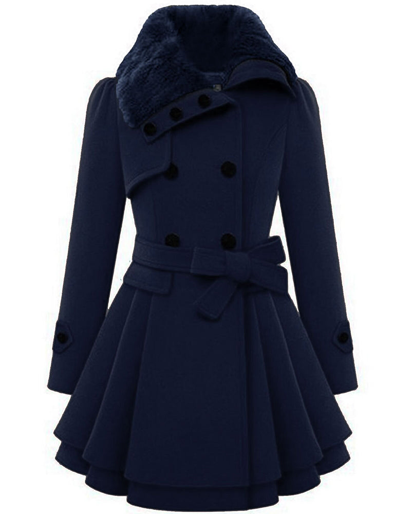 Women's Fashion Faux Fur Lapel Double-Breasted Thick Wool Trench Coat Jacket - Zeagoo (Us Only)