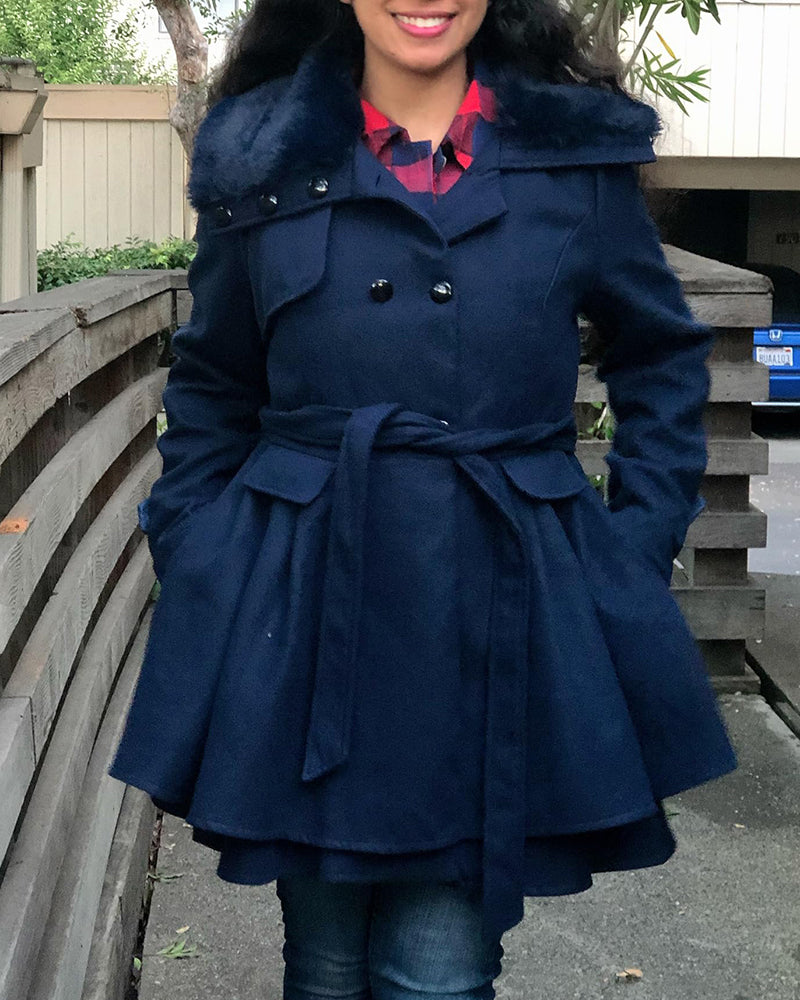 Women's Fashion Faux Fur Lapel Double-Breasted Thick Wool Trench Coat Jacket - Zeagoo (Us Only)