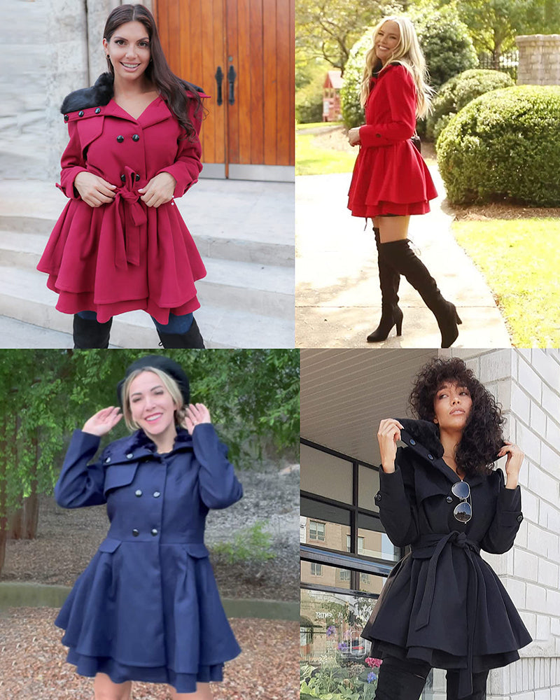 Women's Fashion Faux Fur Lapel Double-Breasted Thick Wool Trench Coat Jacket - Zeagoo (Us Only)