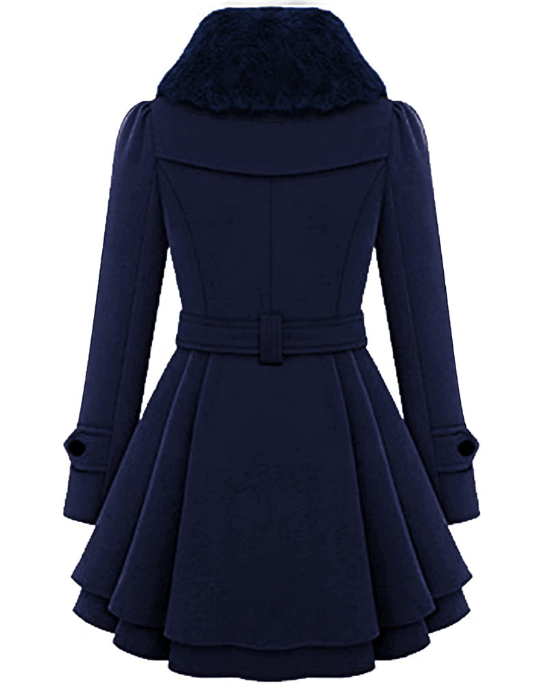 Women's Fashion Faux Fur Lapel Double-Breasted Thick Wool Trench Coat Jacket - Zeagoo (Us Only)