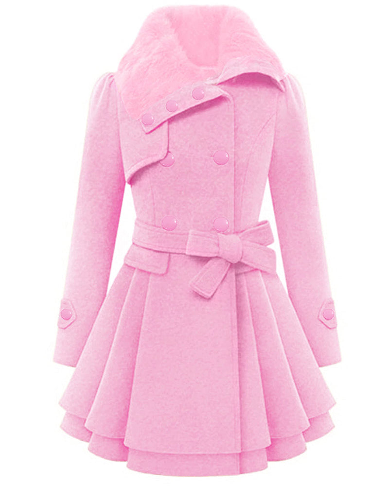 Women's Fashion Faux Fur Lapel Double-Breasted Thick Wool Trench Coat Jacket - Zeagoo (Us Only)