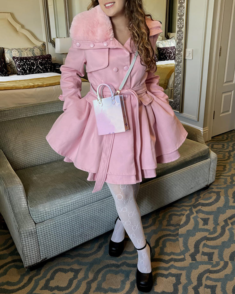 Women's Fashion Faux Fur Lapel Double-Breasted Thick Wool Trench Coat Jacket - Zeagoo (Us Only)