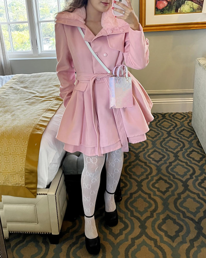 Women's Fashion Faux Fur Lapel Double-Breasted Thick Wool Trench Coat Jacket - Zeagoo (Us Only)