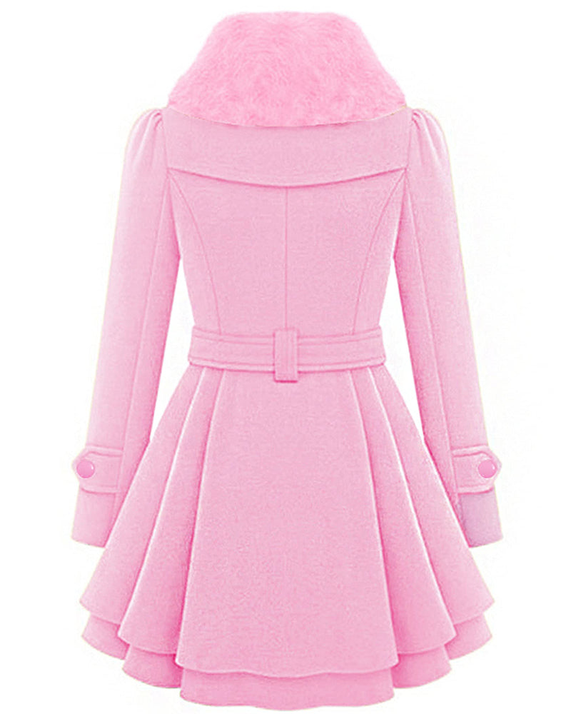 Women's Fashion Faux Fur Lapel Double-Breasted Thick Wool Trench Coat Jacket - Zeagoo (Us Only)