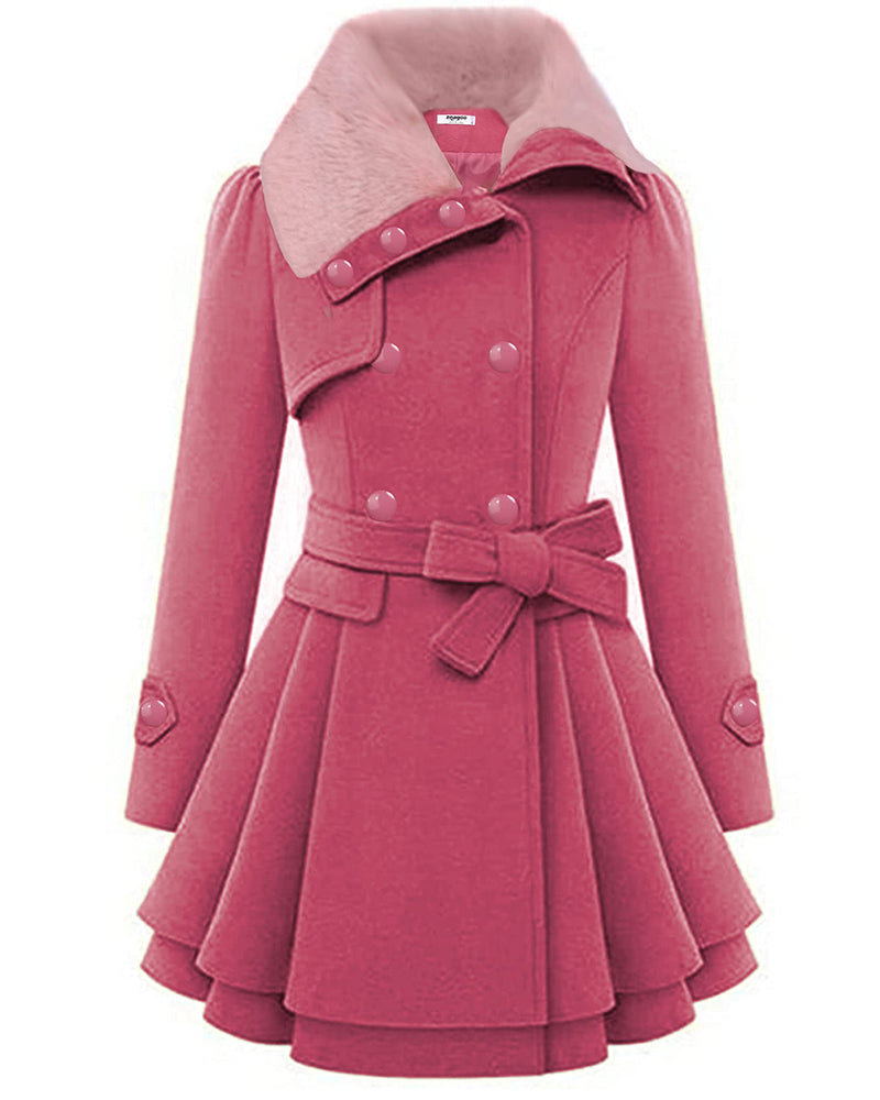 Women's Fashion Faux Fur Lapel Double-Breasted Thick Wool Trench Coat Jacket - Zeagoo (Us Only)
