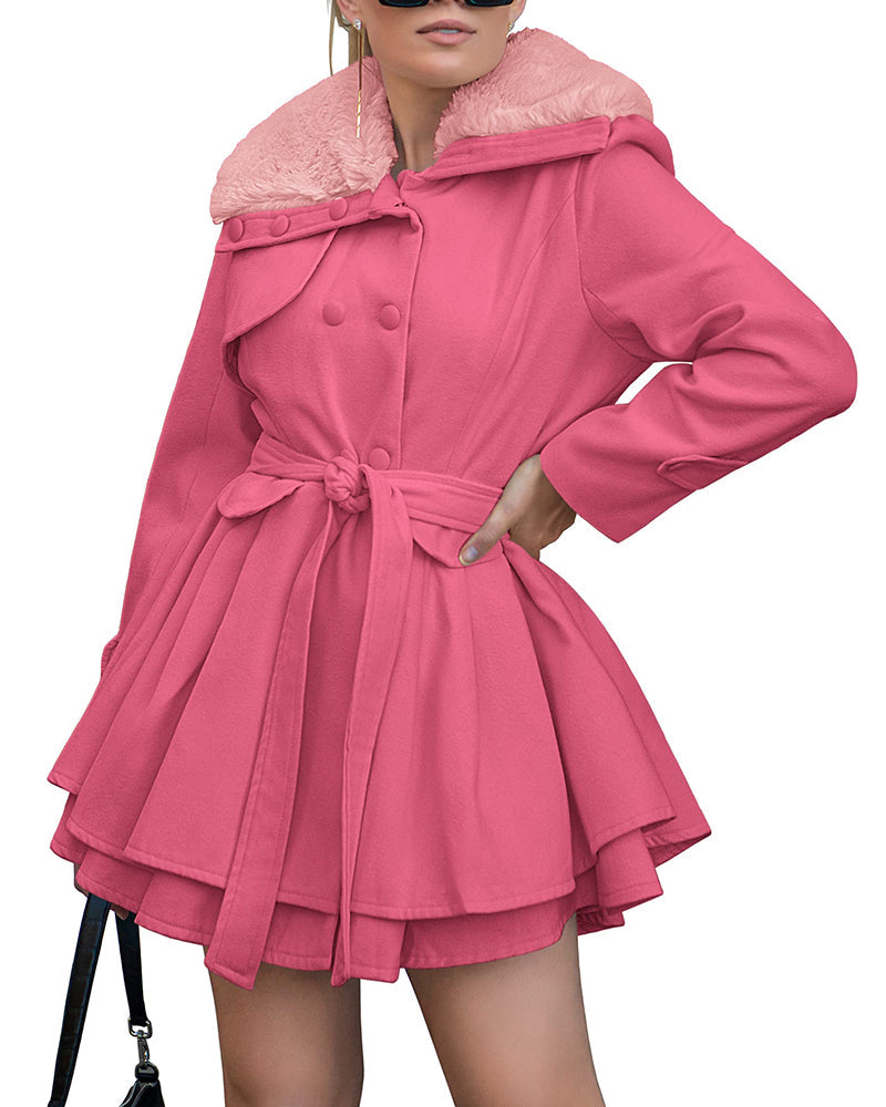 Women's Fashion Faux Fur Lapel Double-Breasted Thick Wool Trench Coat Jacket - Zeagoo (Us Only)