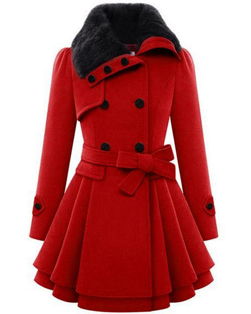 Women's Fashion Faux Fur Lapel Double-Breasted Thick Wool Trench Coat Jacket - Zeagoo (Us Only)