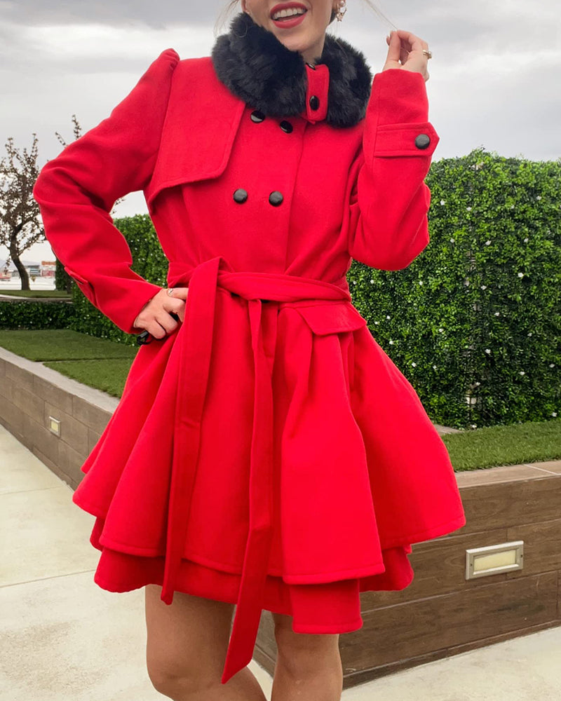 Women's Fashion Faux Fur Lapel Double-Breasted Thick Wool Trench Coat Jacket - Zeagoo (Us Only)