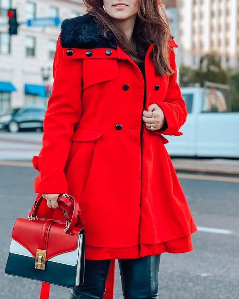 Women's Fashion Faux Fur Lapel Double-Breasted Thick Wool Trench Coat Jacket - Zeagoo (Us Only)