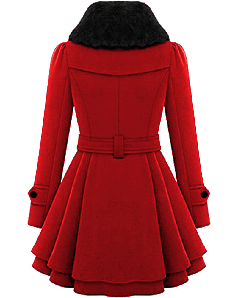 Women's Fashion Faux Fur Lapel Double-Breasted Thick Wool Trench Coat Jacket - Zeagoo (Us Only)