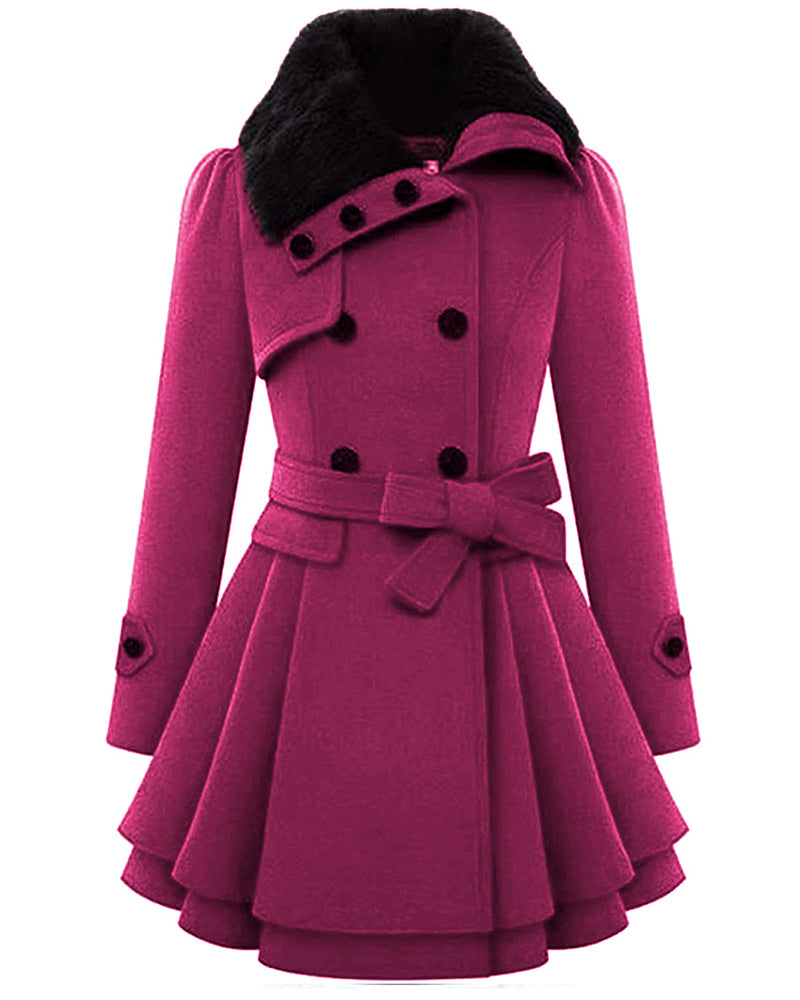 Women's Fashion Faux Fur Lapel Double-Breasted Thick Wool Trench Coat Jacket - Zeagoo (Us Only)